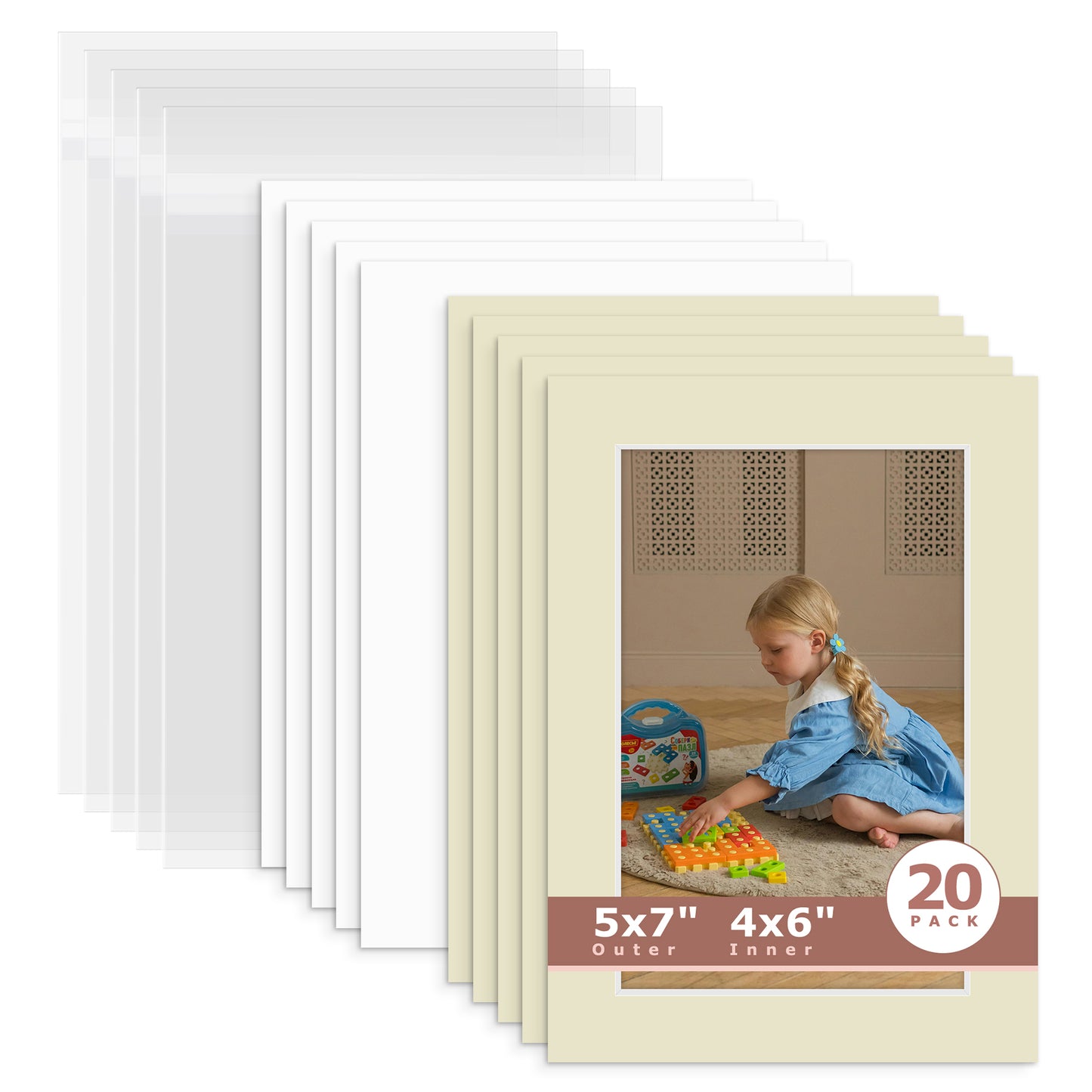 20 Pack 5x7 Whitecore Economy Pre-Cut Mat For 4x6 Picture + Backing + Bag N120 Light Gray