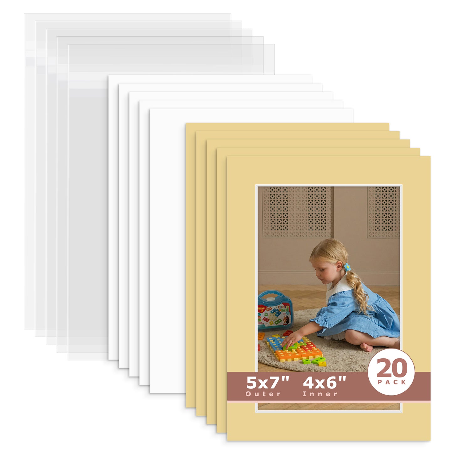 20 Pack 5x7 Whitecore Economy Pre-Cut Mat For 4x6 Picture + Backing + Bag N158 Indian Tan