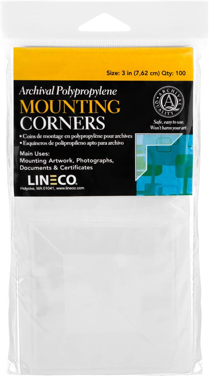 Lineco, Self-Adhesive Polypropylene Mounting Corners, Full View, Pressure Sensitive, Non-Yellowing Acrylic Adhesive 3 in. (100 PKG)