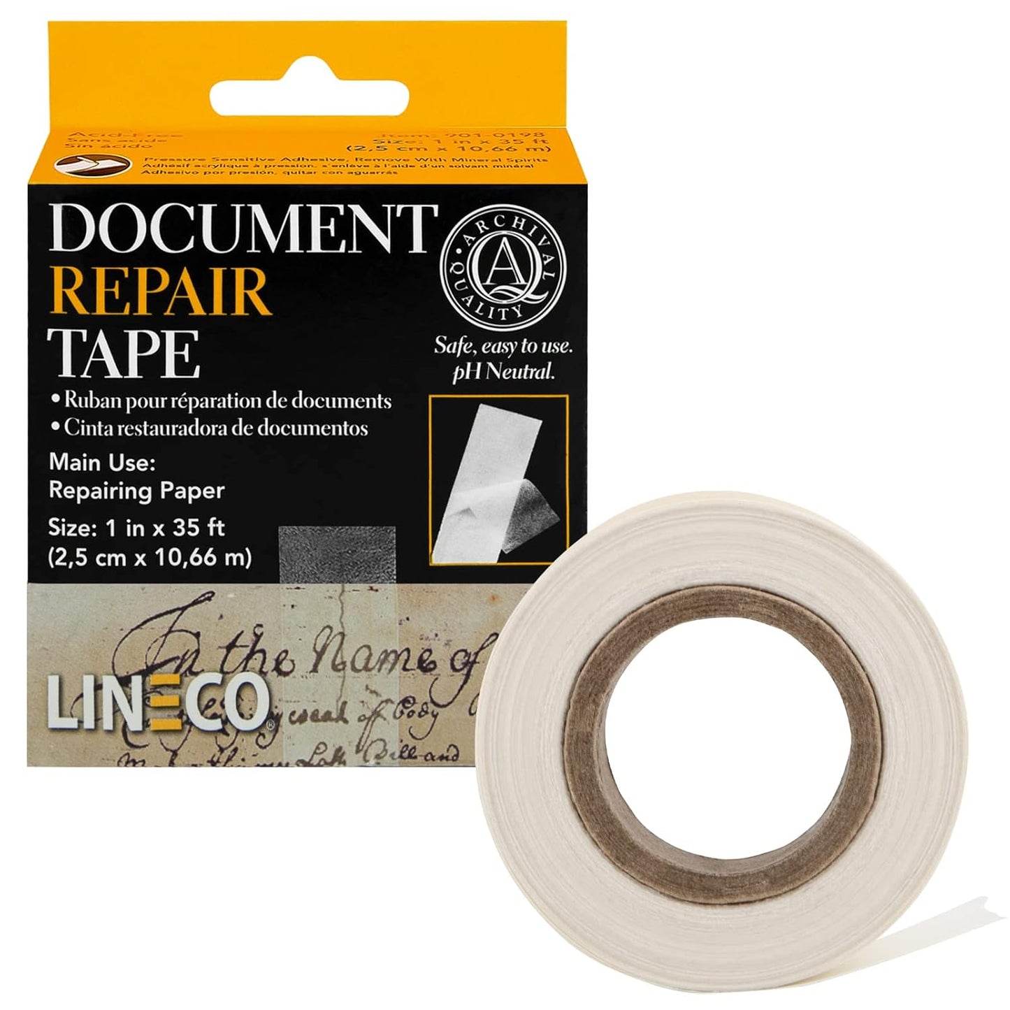 Lineco, Self Adhesive, Document Repair Tape with Neutral pH. Transparent Pressure Sensitive. Non-Yellowing and Removable with Solvents. 1 in. x 35 ft.