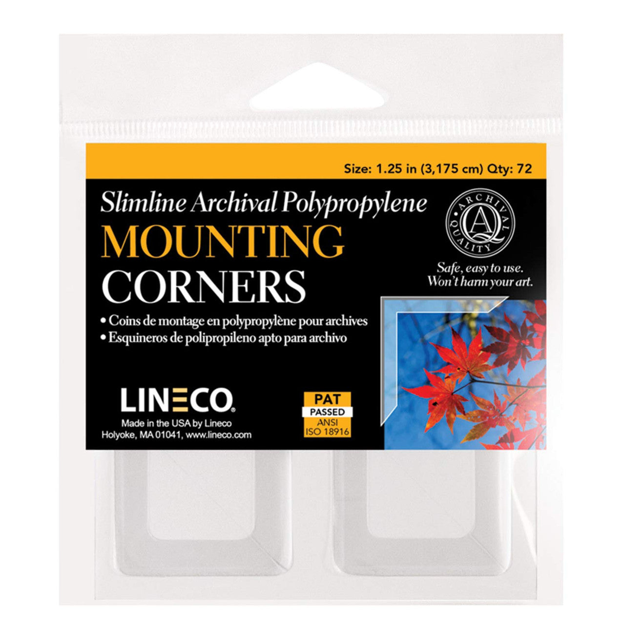 Lineco, Self-Adhesive Polypropylene Mounting Corners, Full View, Pressure Sensitive, Non-Yellowing Acrylic Adhesive 1.25 in. (72 PKG)