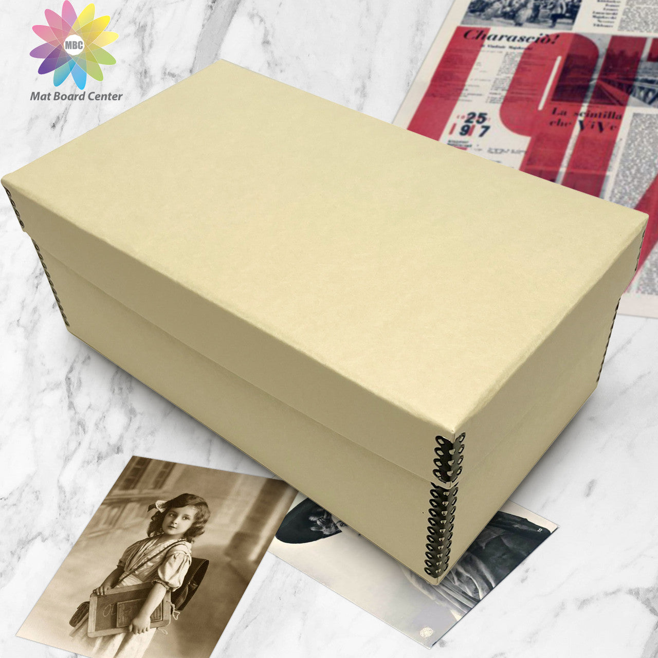 Lineco Tan Photo Storage Box with Drop Front Design