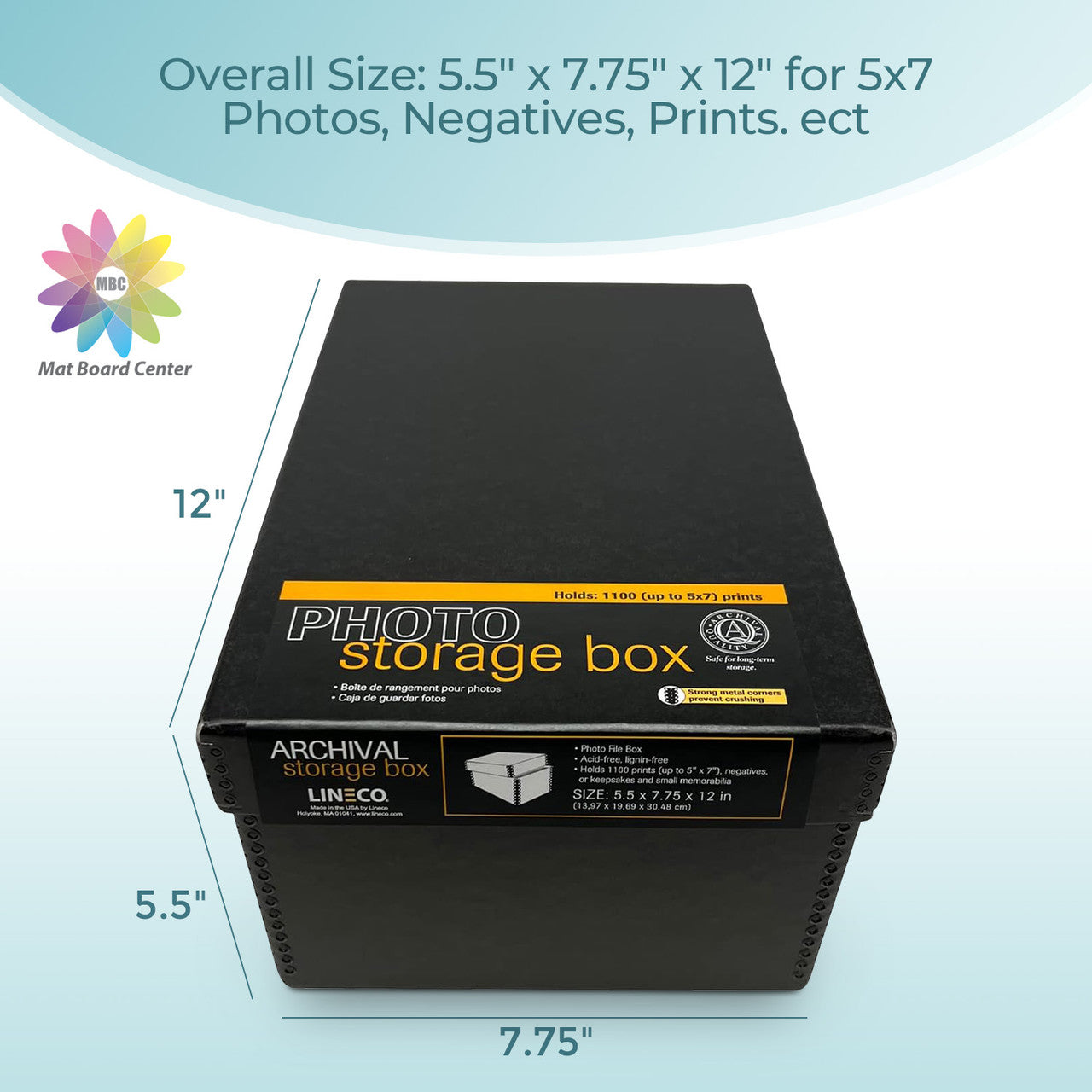 Lineco 12"x7.75"x5.5" Black Archival Photo Storage Box fits 5x7 Pictures Container with Removable Lid