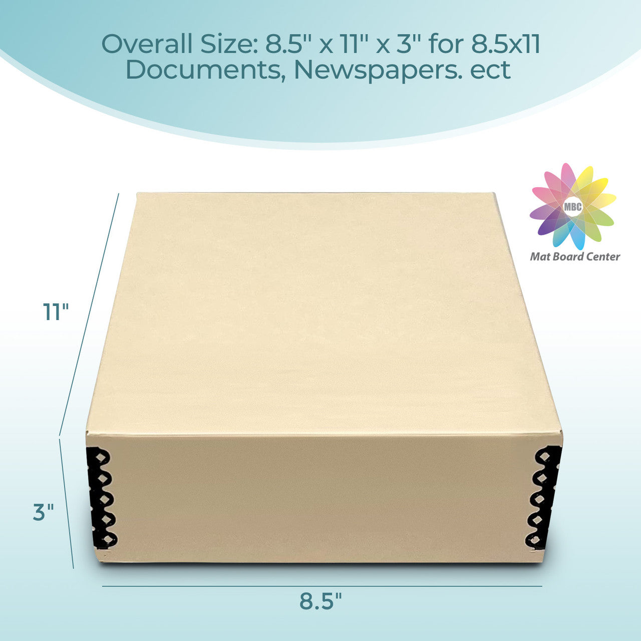 Lineco Tan 3" Deep Museum Archival Storage Box Drop Front Design Acid-Free with Metal Edge 8.5x11