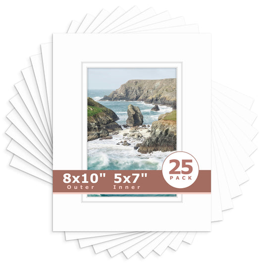 8x10 Double Mat For 5x7 Photos - Pack of 25 White White