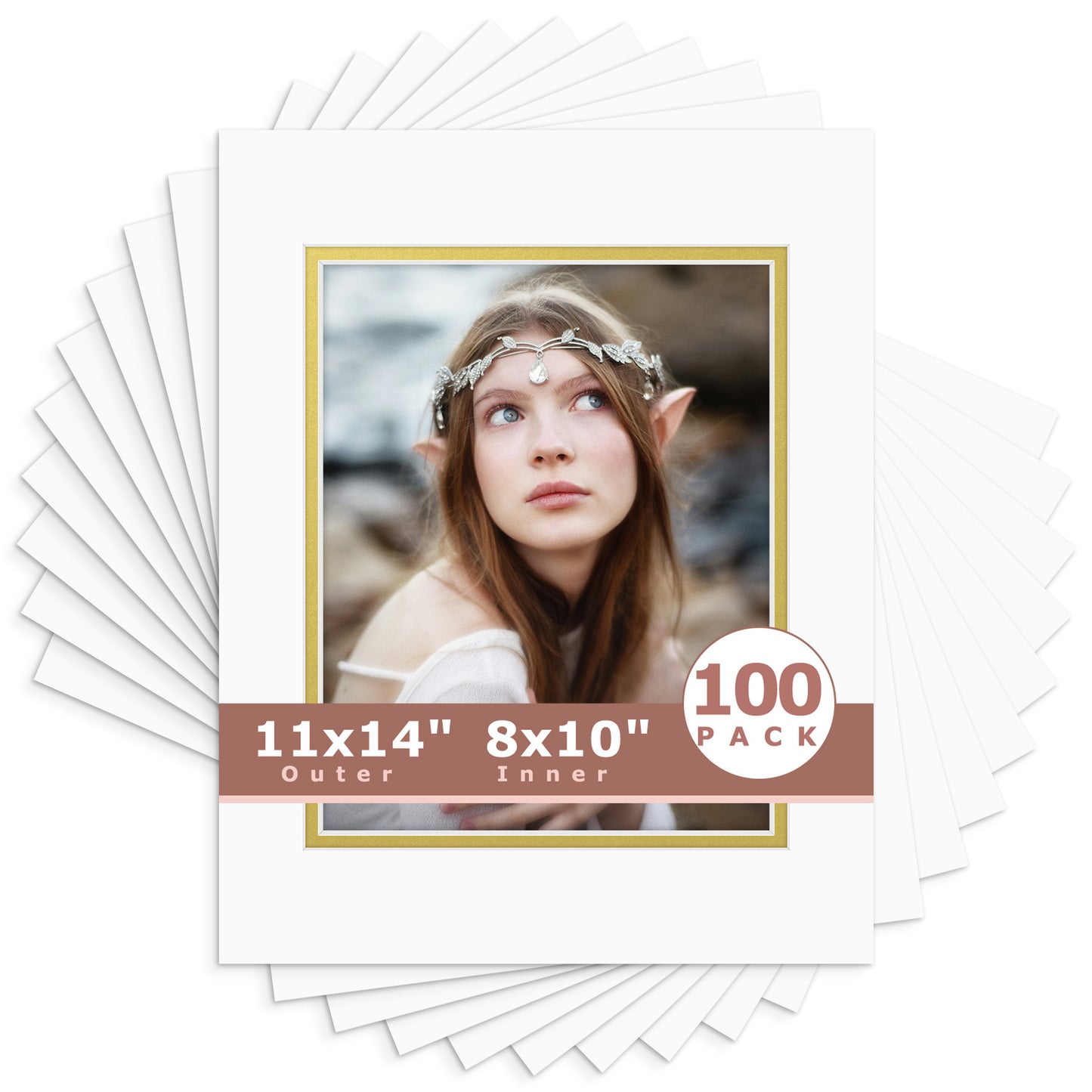 11x14 Double Mat For 8x10 Photos - Pack of 100 Off White Gold