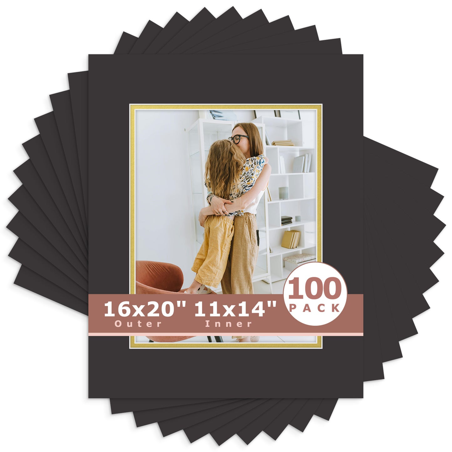 16x20 Economy Pre-Cut Double Mat For 11x14 Photo-Pack of 100 Black Gold