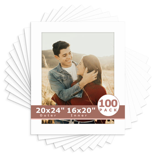 20x24 Whitecore Pre-Cut Mat Board for 16x20 Photo- Pack of 100 N501 White