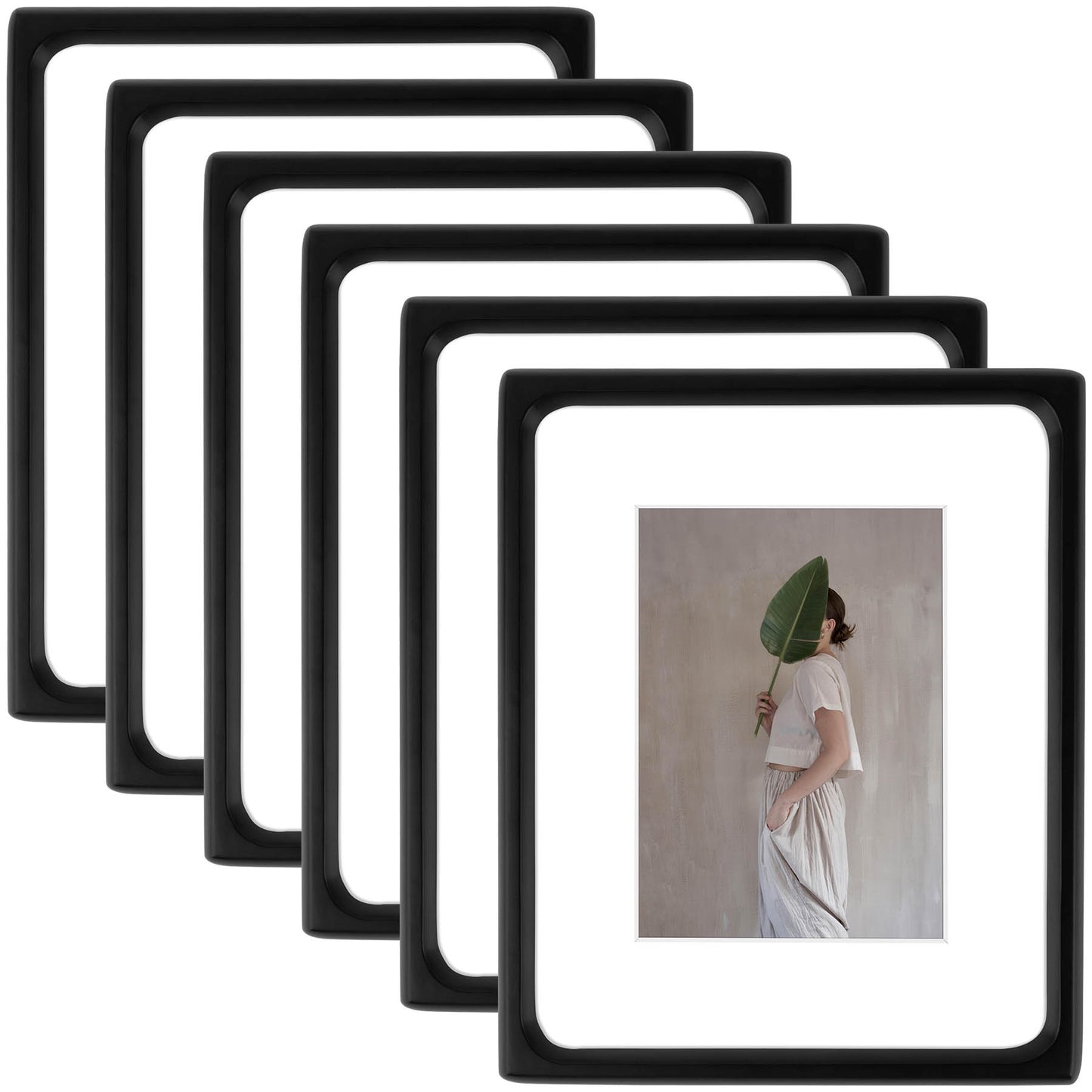 Clearance Rounded Corner 8x10 Wood Frame For 5x7 Photos With White Mat and Real Glass Black (6 Pcs Per Box)