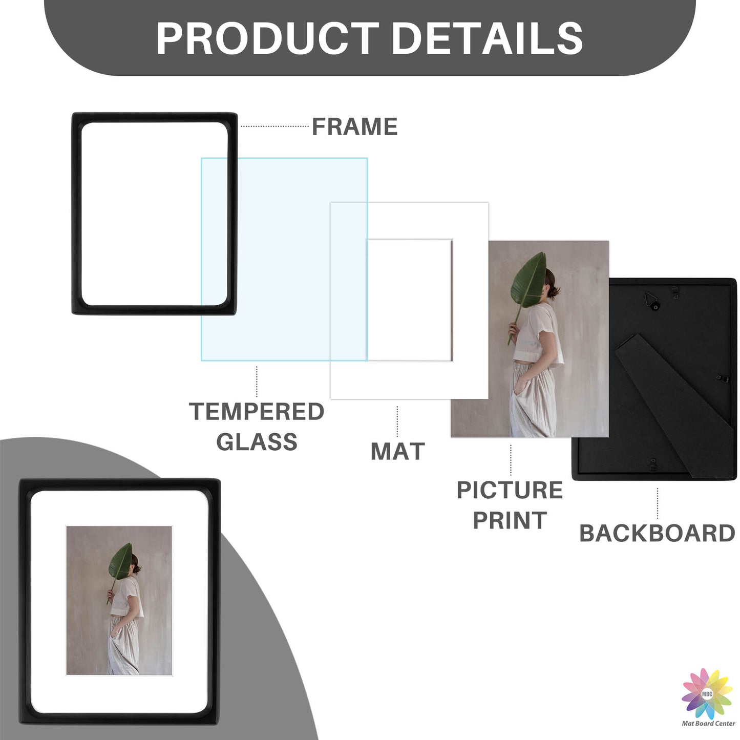 Clearance Rounded Corner 8x10 Wood Frame For 5x7 Photos With White Mat and Real Glass Black (6 Pcs Per Box)
