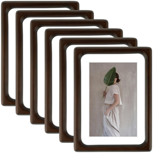 Rounded Corner 5x7 Wood Frame For 4x6 Photos With White Mat and Real Glass Brown (6 Pcs per Box)