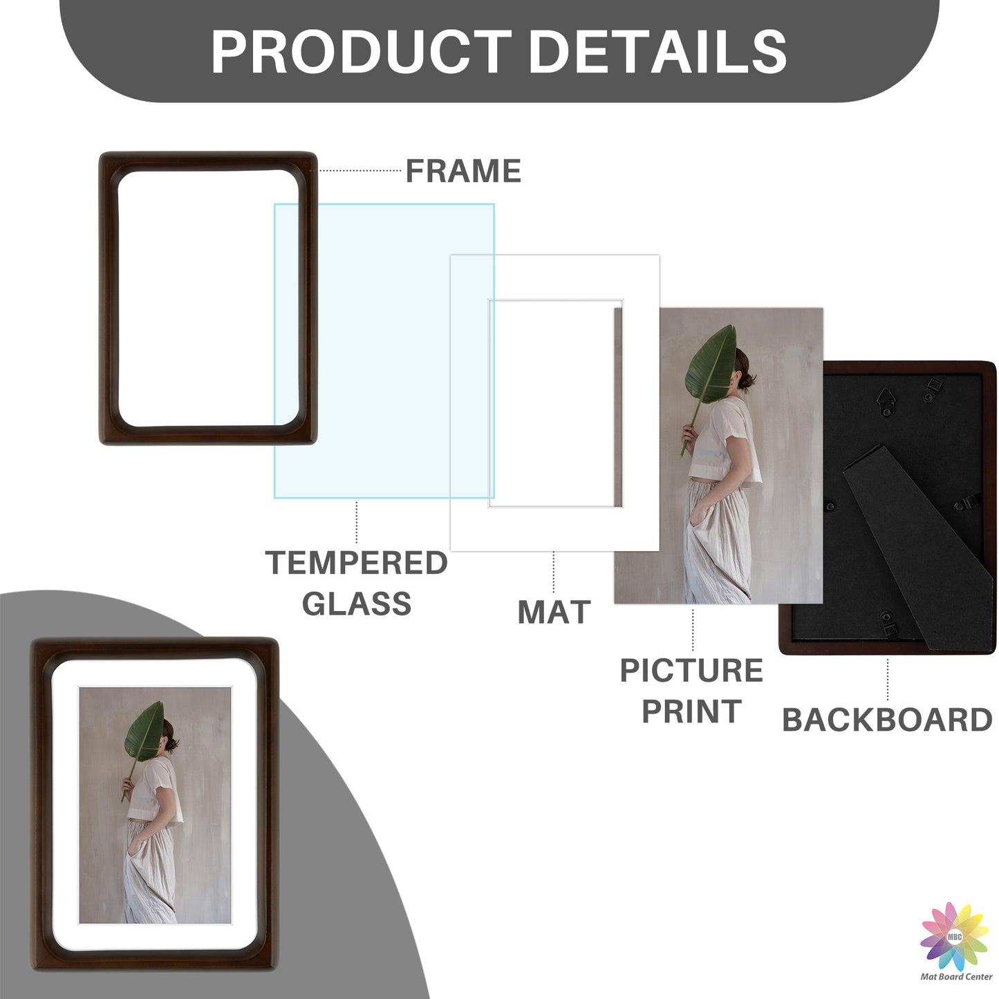 Rounded Corner 5x7 Wood Frame For 4x6 Photos With White Mat and Real Glass Brown (6 Pcs per Box)