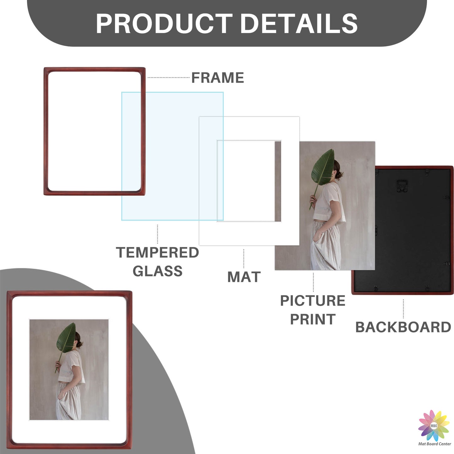 Clearance Rounded Corner 11x14 Picture Frame For 8x10 Photos With White Mat and Real Glass Mahogany (6 Pcs Per Box)