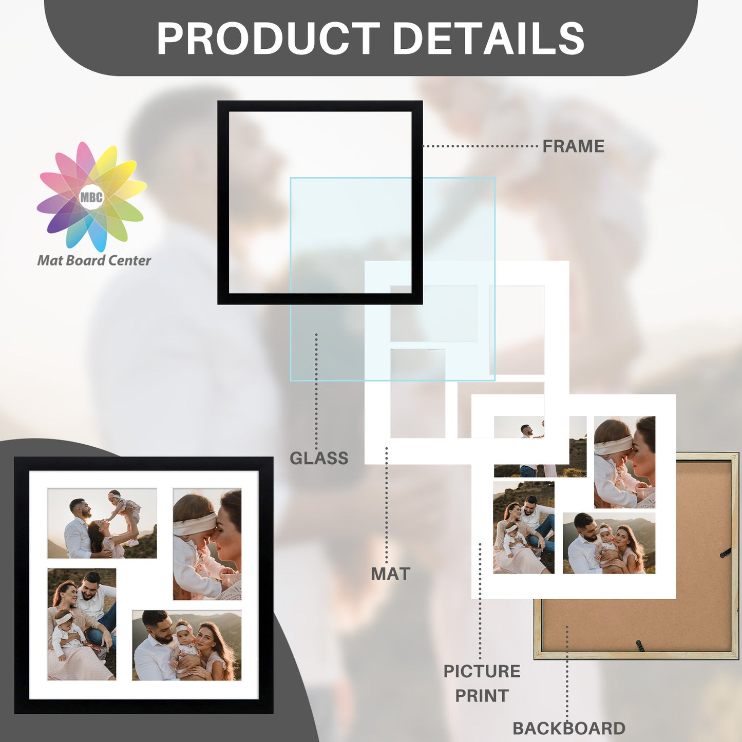 12x12 Collage Picture Frames for Four 4x6 Pictures Black Wood Frame (9 Pcs per Box)