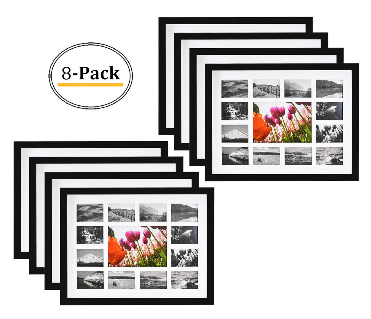 12x16 Collage Picture Frames for One 5x7 and Twelve 2.5x3.75 Picture Wood Frames (8 Pcs per Box) Black