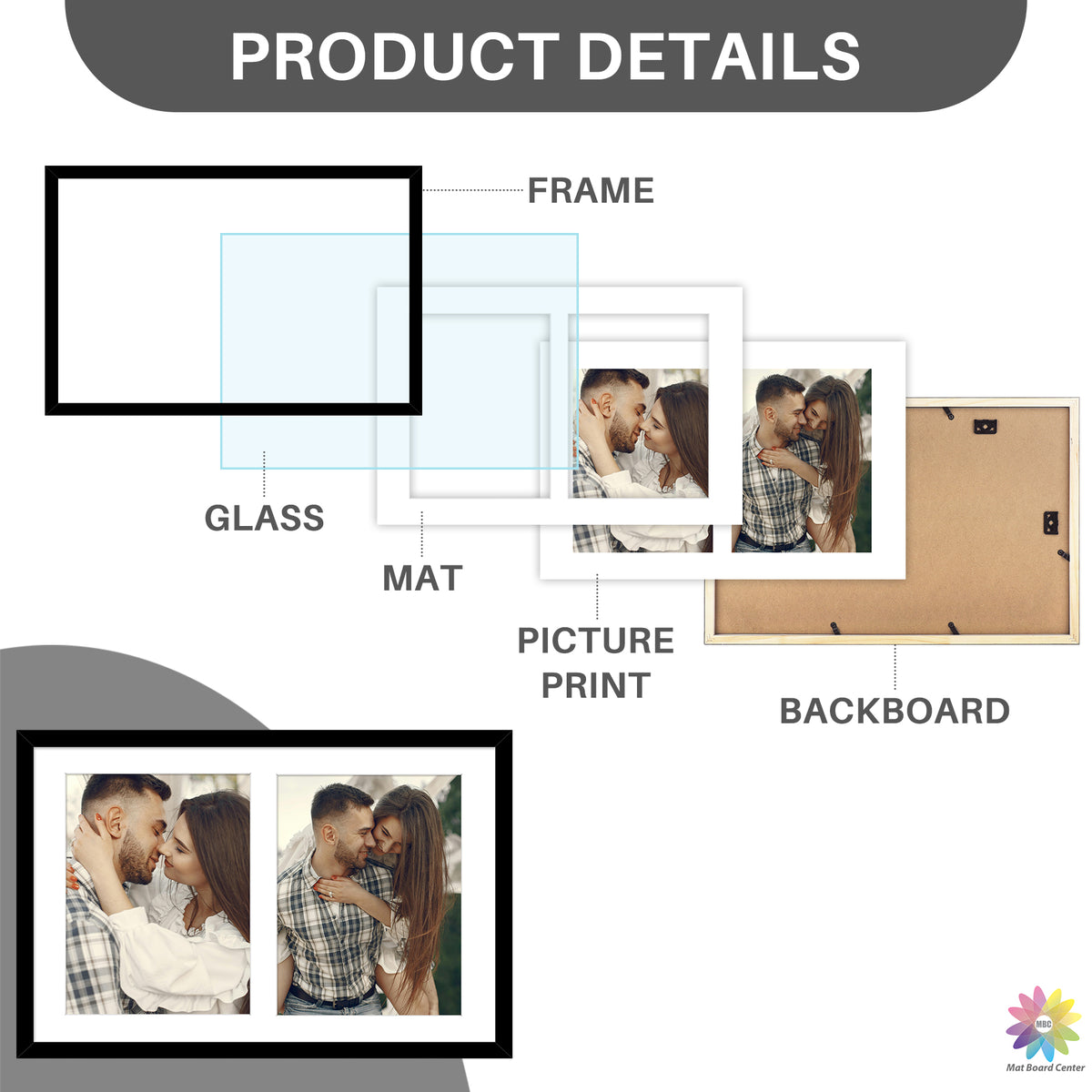 12x19 Black Wood Picture Frame Displays Two 8x10 Photo (8 Pcs Per Box)