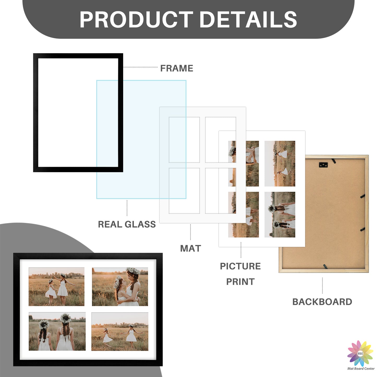 12x16 Black Collage Picture Frame Displays Four 5x7 Photos (8 Pcs Per Box)