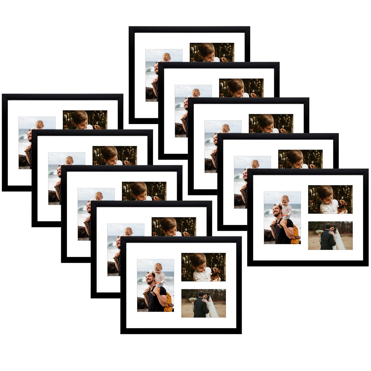 11X14 Collage Picture Frames, Wood Frames with White Mat For One 5X7 And Two 4X6 Photos, Black (10 Pcs per Box)