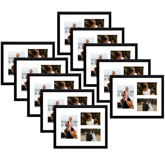 11X14 Collage Picture Frames, Wood Frames with White Mat For One 5X7 And Two 4X6 Photos, Black (10 Pcs per Box)