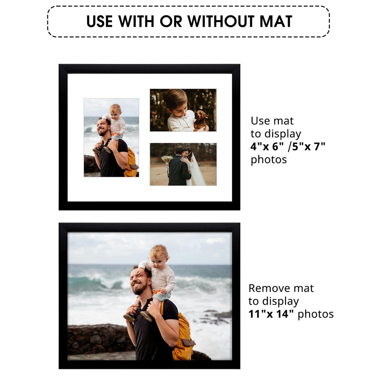 11X14 Collage Picture Frames, Wood Frames with White Mat For One 5X7 And Two 4X6 Photos, Black (10 Pcs per Box)