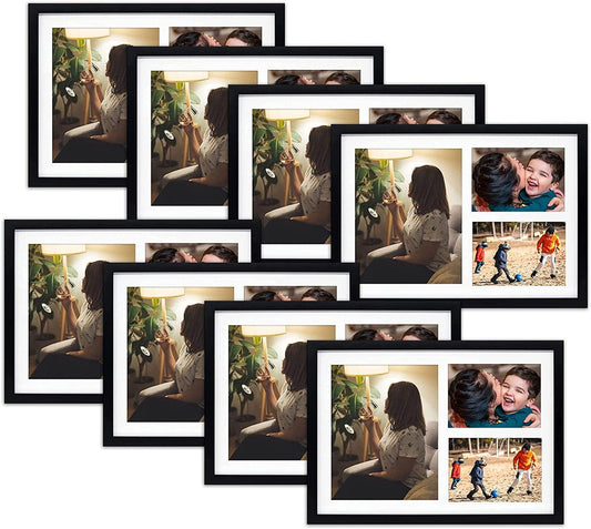 12X17 Wood Frames, Collage Picture Frames with Mat For One 8x10 and Two 5x7 Photos (8 Pcs per Box) Black with White Mat