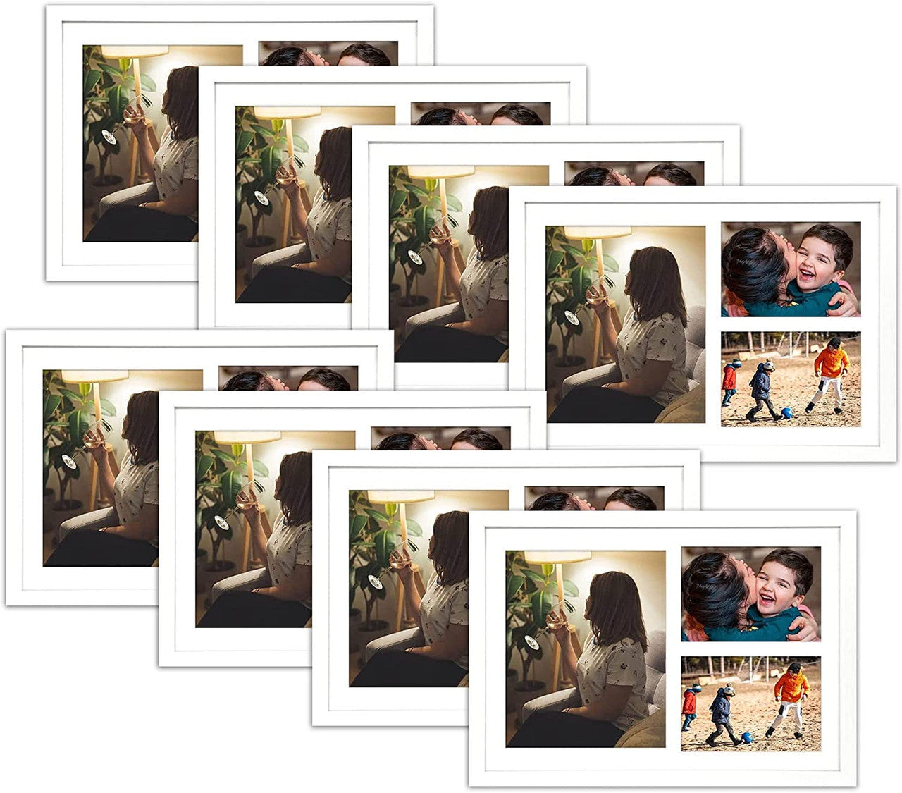 12X17 Wood Frames, Collage Picture Frames with Mat For One 8x10 and Two 5x7 Photos (8 Pcs per Box) White with White Mat