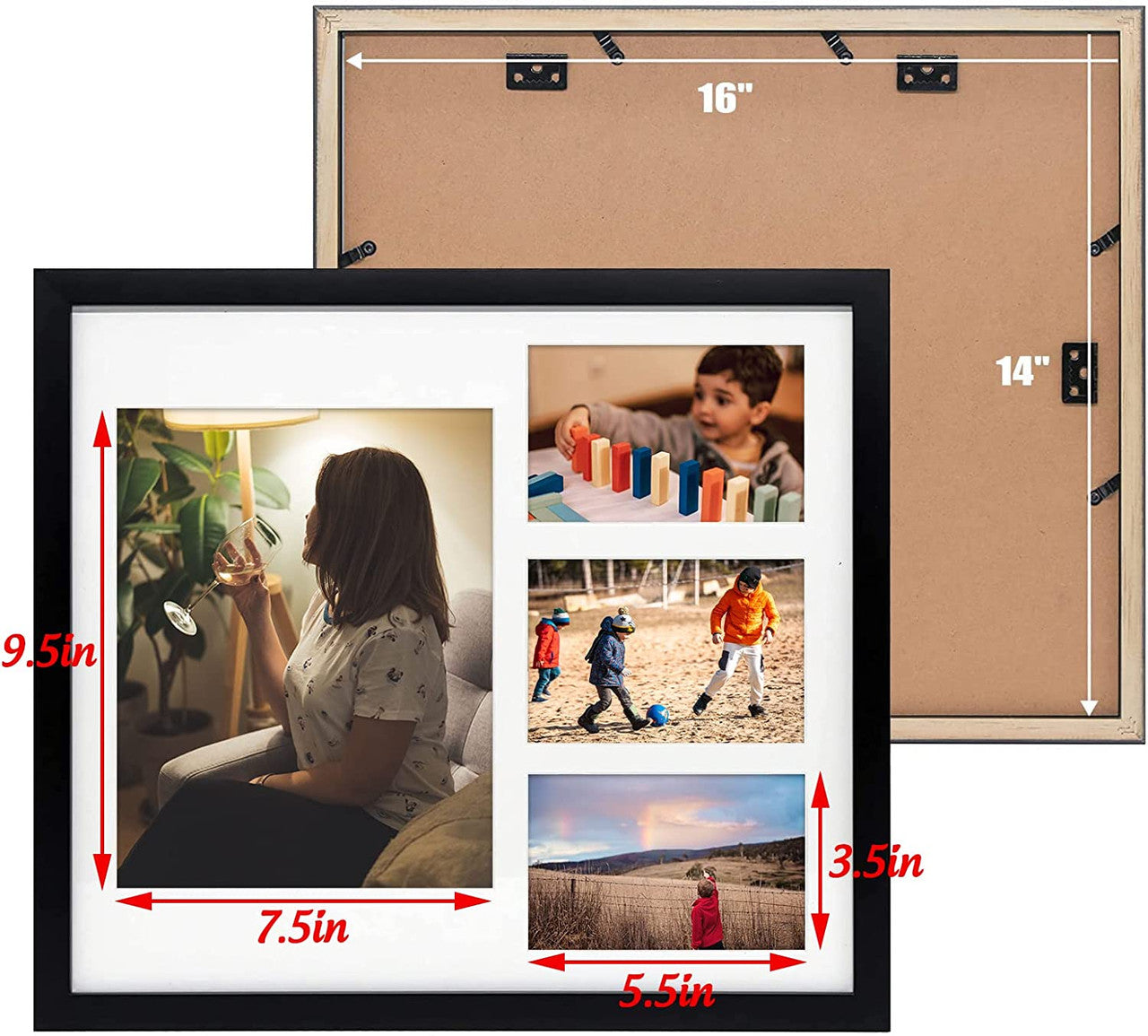 14X16 Collage Picture Frames, Wood Frames with White Mat For One 8X10 And Three 4X6 Photos, Black (8 Pcs per Box)