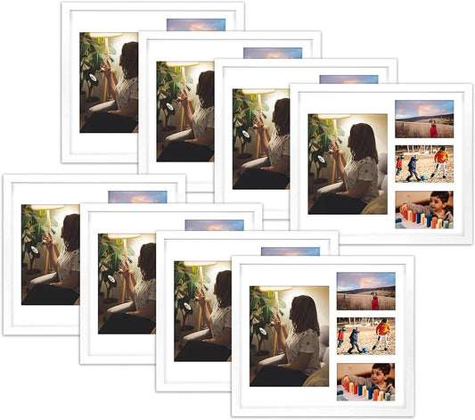 14X16 Collage Picture Frames, Wood Frames with White Mat For One 8X10 And Three 4X6 Photos, White (8 Pcs per Box)