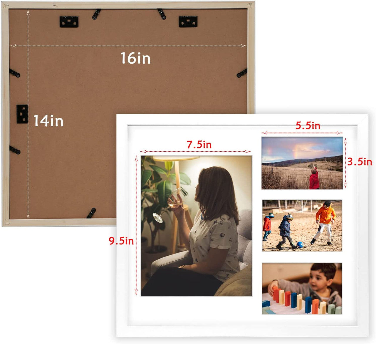 14X16 Collage Picture Frames, Wood Frames with White Mat For One 8X10 And Three 4X6 Photos, White (8 Pcs per Box)