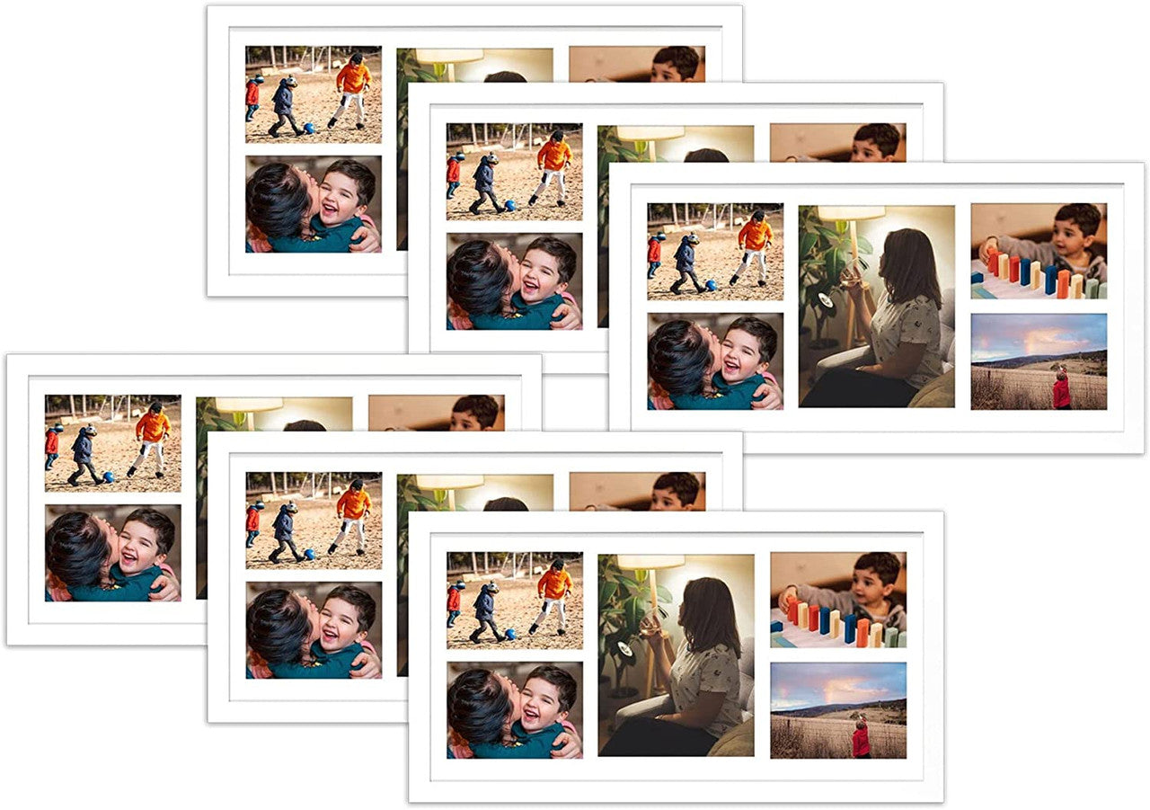 12X24 Collage Picture Frames, Wood Frames with Mat For One 8x10 and Four 5x7 Pictures (6 Pcs per Box) White whith White Mat