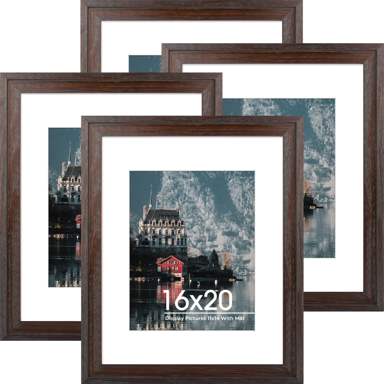 16X20 Wood Frames Display 11X14 Picture With White Mat (4 Pcs per Box) Dark Brown