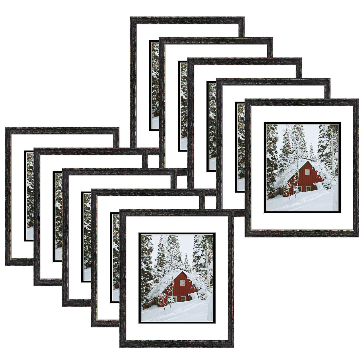 11X14 Wood Frames Display 8X10 Photo With Black Over Gold Double Mat and Real Glass, Distressed Gold (10 Pcs per Box) Black with White Over Black Double Mat