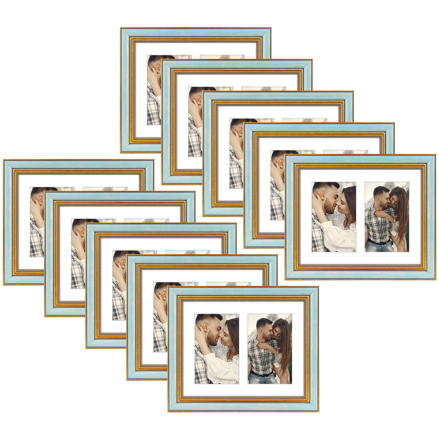 8x10 Collage Picture Frame with White Mat for Two 4x6 Photo Blue Gold(10 Pcs Per Box)