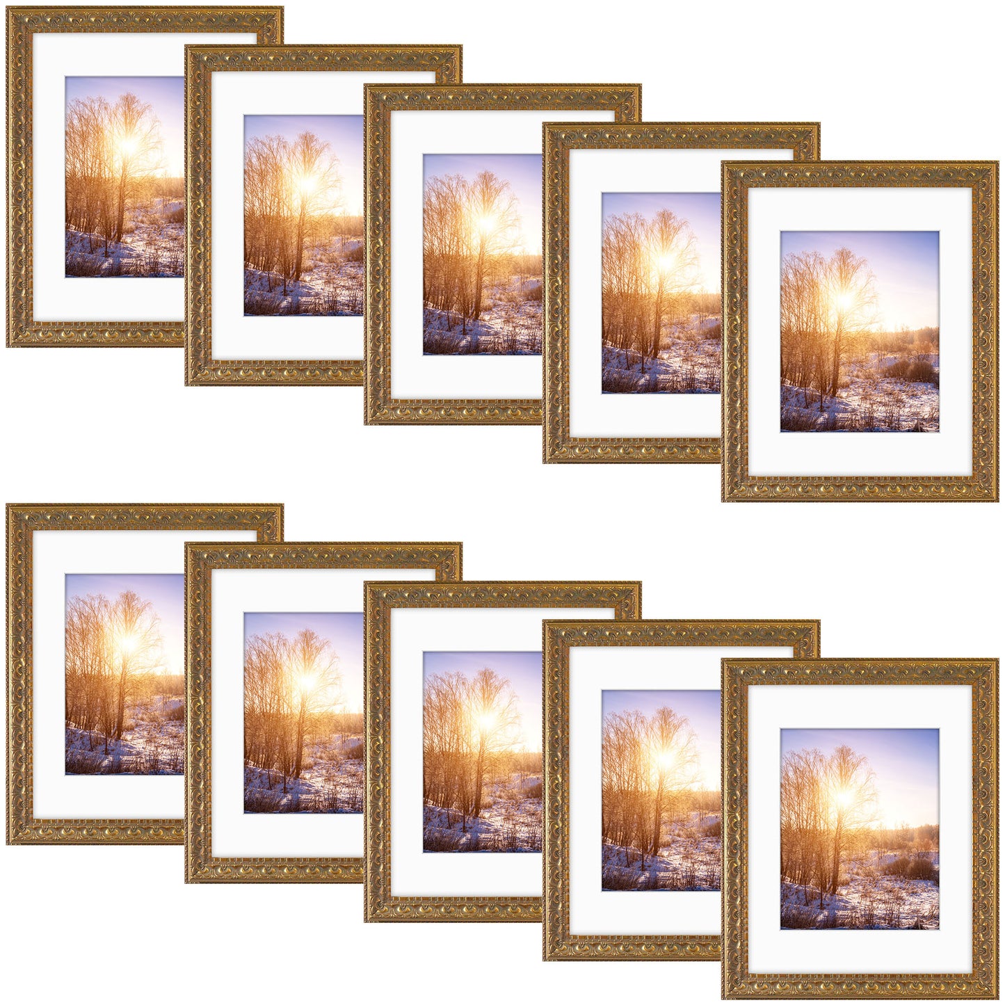 11x14 Picture Frame with White Mat for 8x10 Picture (10 Pcs Per Box) Bronze Gold