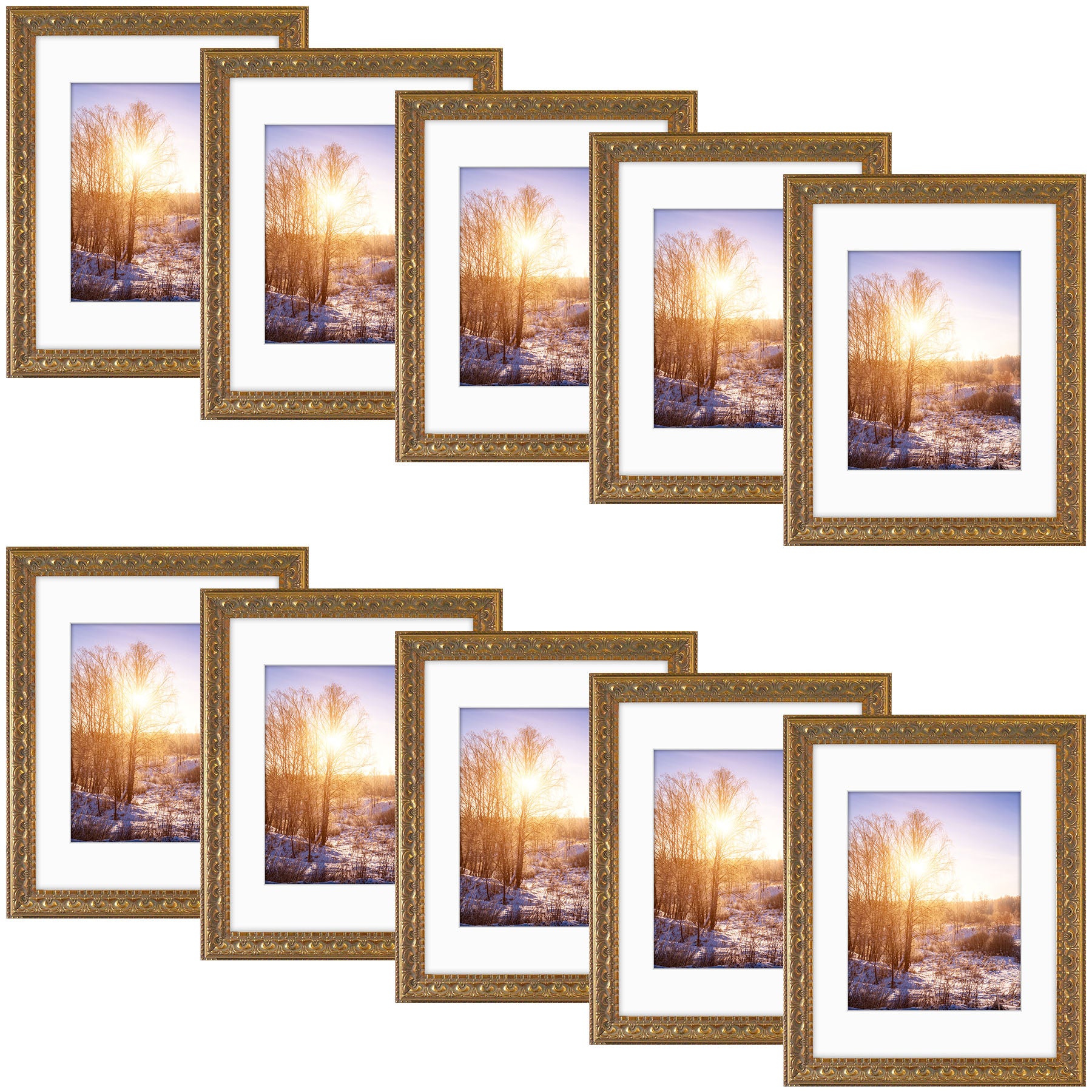 11x14 Picture Frame with White Mat for 8x10 Picture (10 Pcs Per Box) Bronze Gold