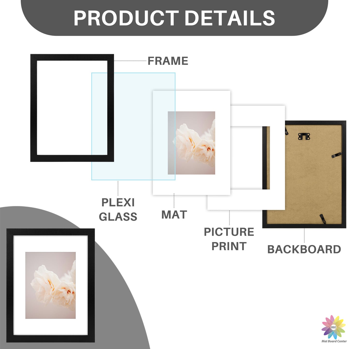 9x12 Picture Frame for 6x8 photo With White Mat Black Color (18 Pcs Per Box)