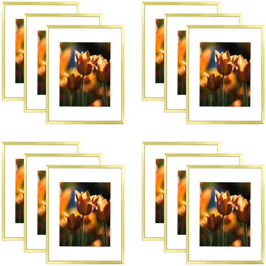 11x14 Picture Frame For 8x10 Photo With White Mat and Plexiglass Gold (12 Pcs per Box)