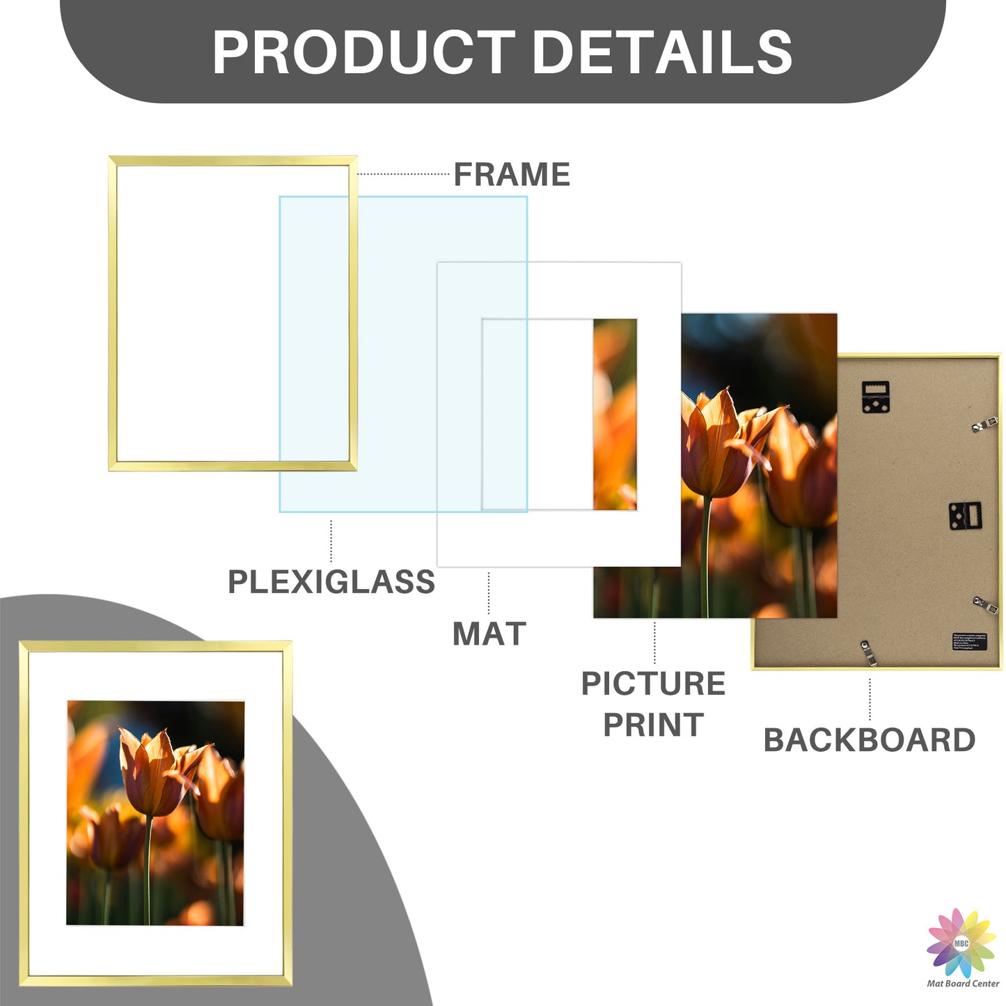 11x14 Picture Frame For 8x10 Photo With White Mat and Plexiglass Gold (12 Pcs per Box)