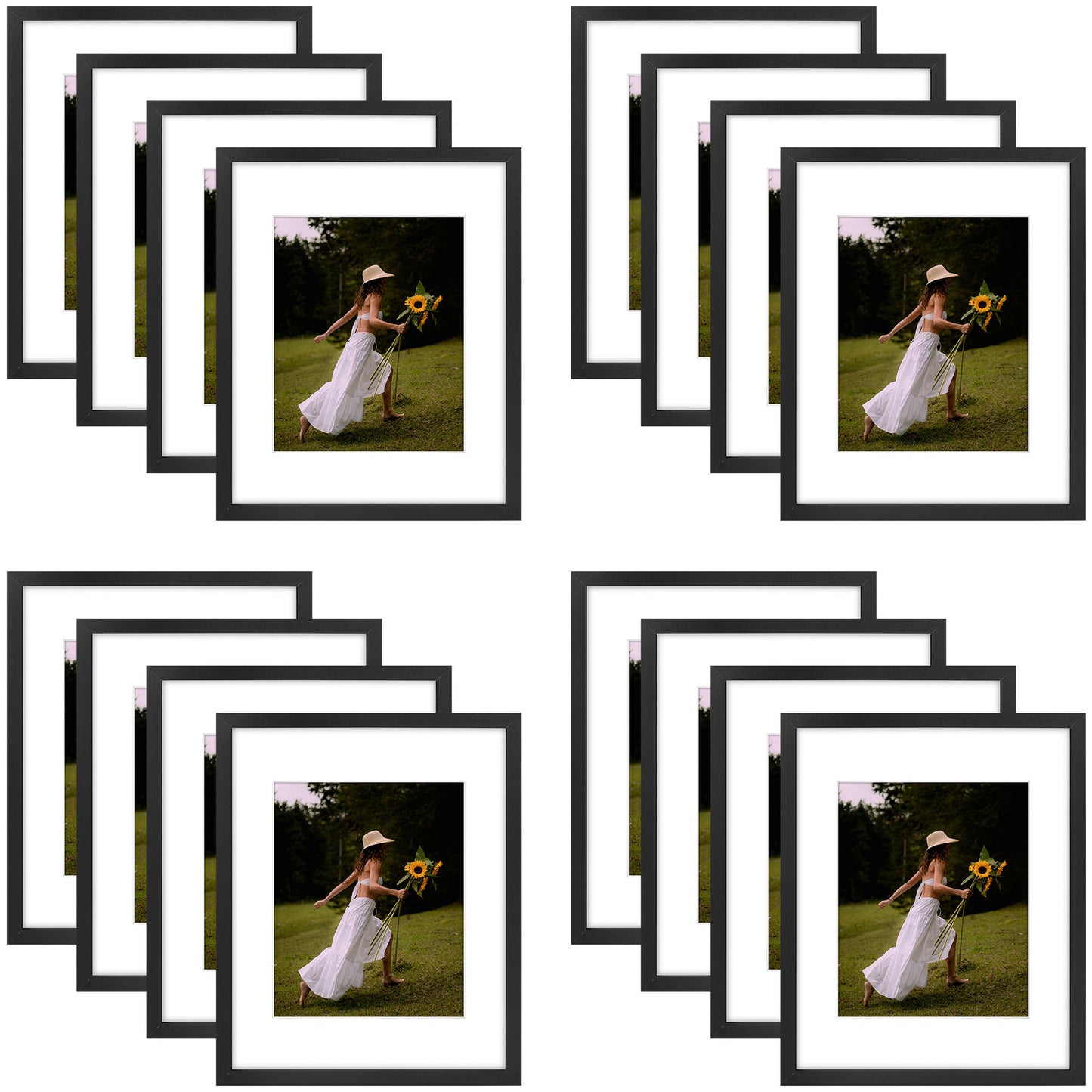 11x14 Picture Frame for 8x10 Photo with White Mat and Plexiglass (16 Pcs per Box) Black