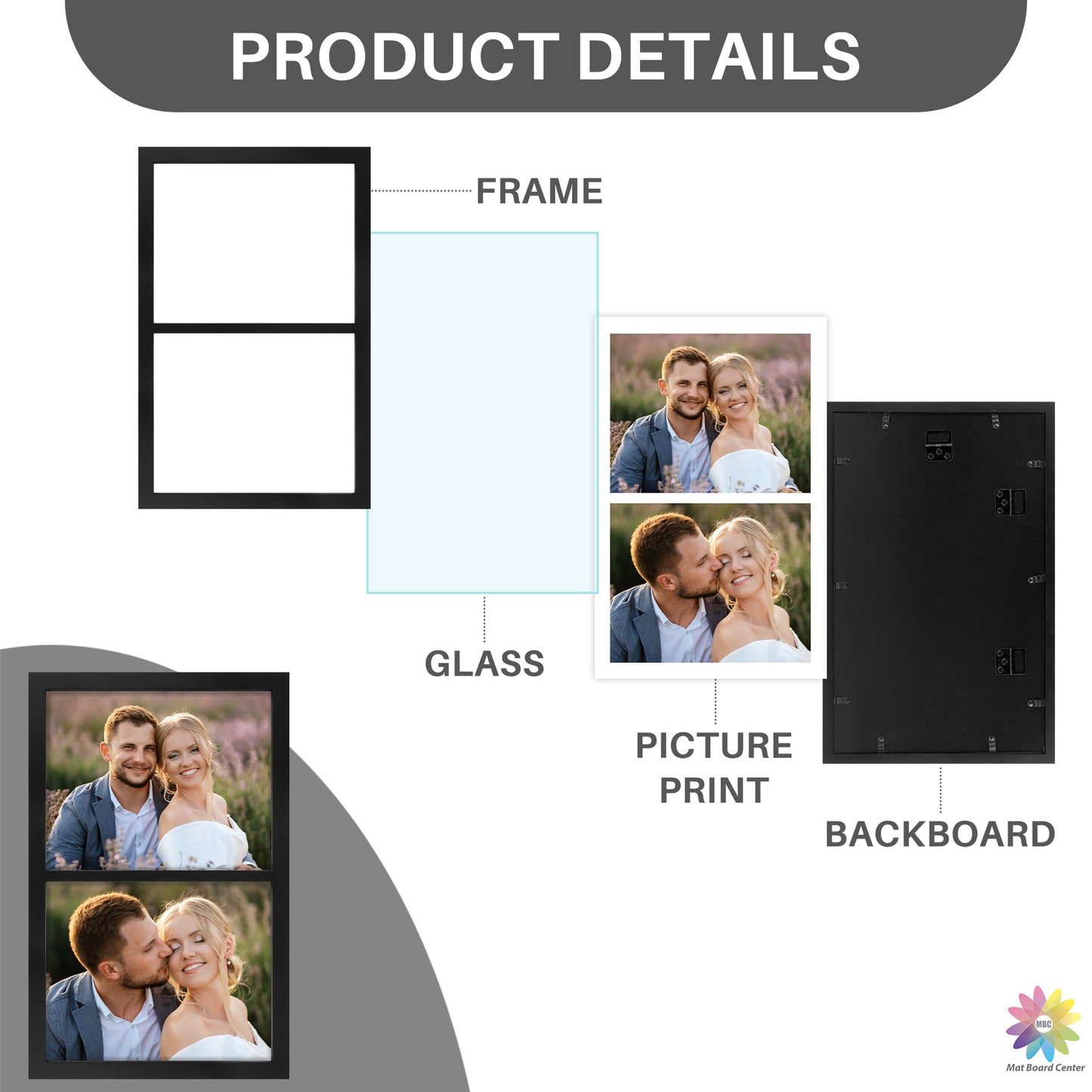 10x16 Collage Picture Frame Display Two 8x10 Photos Black (8 Pcs Per Box)
