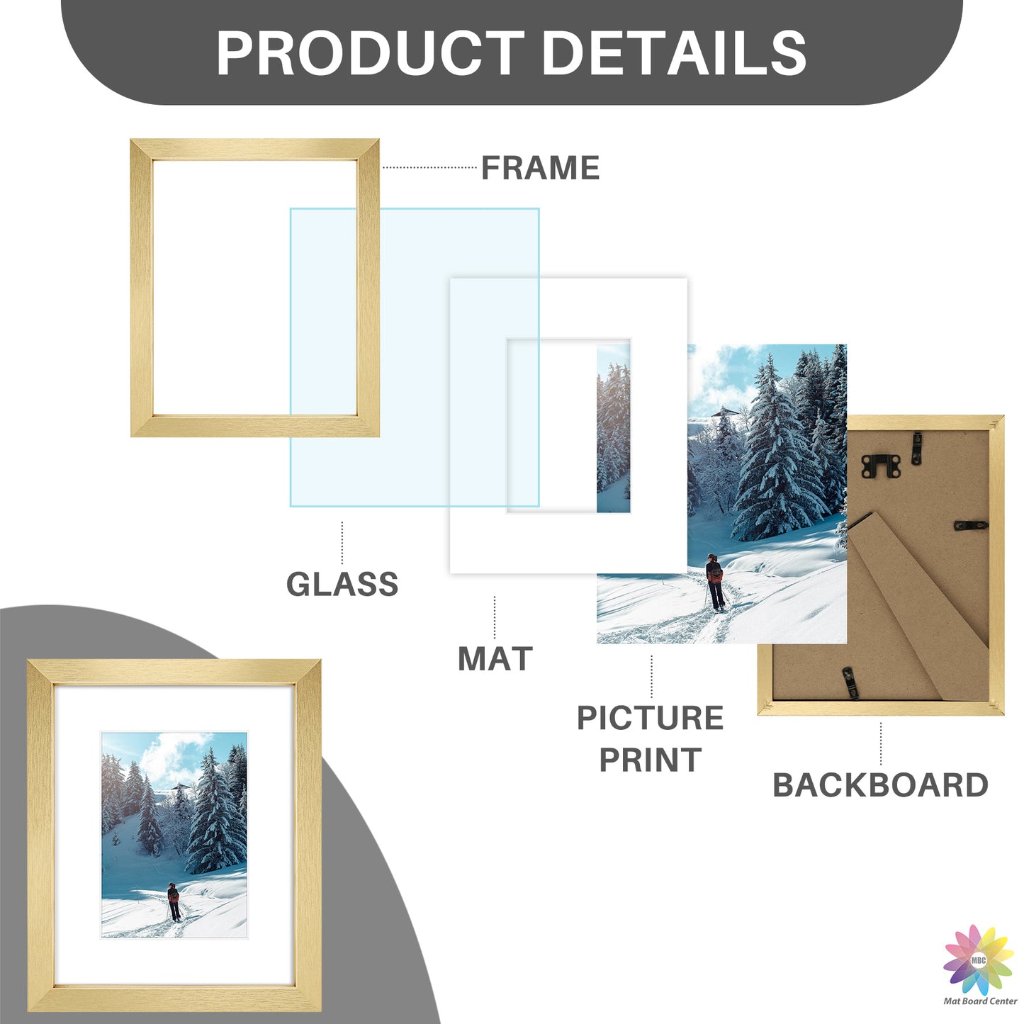 8x10 Picture Frame with White Mat for 5x7 Photo Gold(18 Pcs Per Box)