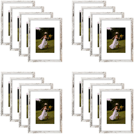 9x12 Rustic White Picture Frame for 6x8 Photo with White Mat and Plexiglass (16 Pcs per Box)
