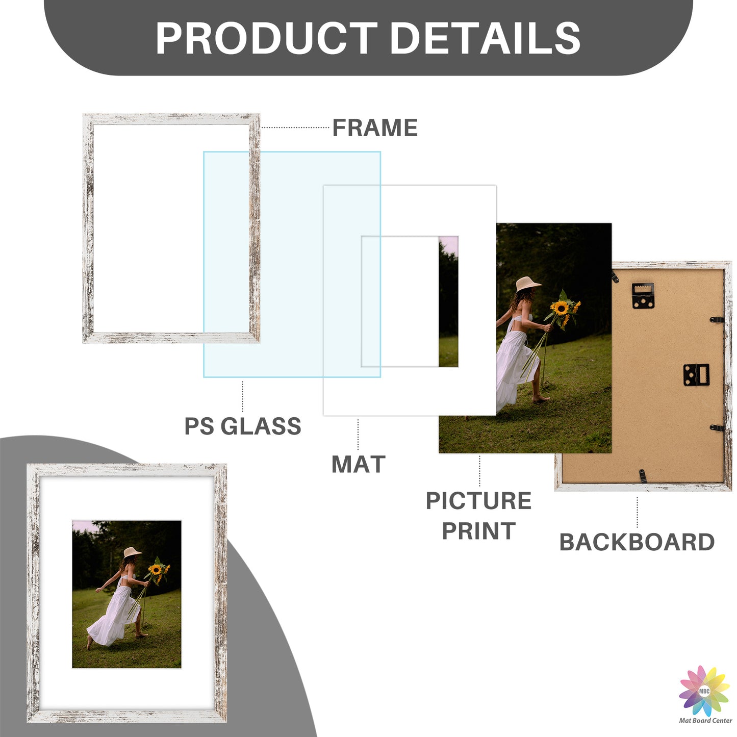 9x12 Rustic White Picture Frame for 6x8 Photo with White Mat and Plexiglass (16 Pcs per Box)