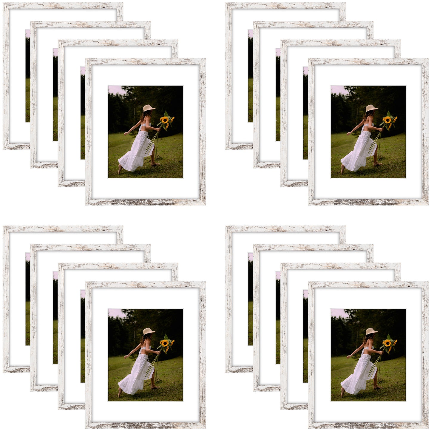 11x14 Picture Frame for 8x10 Photo with White Mat and Plexiglass (16 Pcs per Box) Rustic White