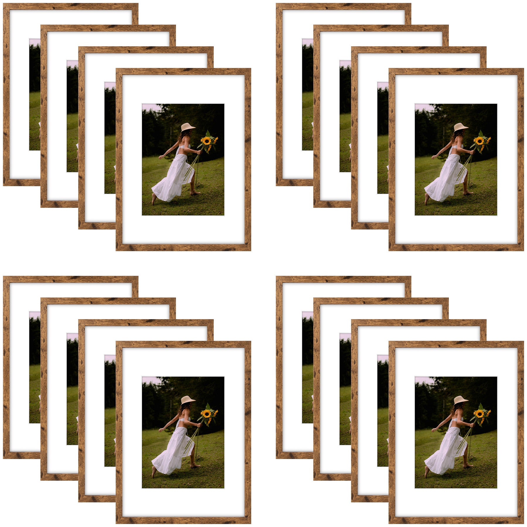 12x16 Brown Picture Frame for 8.5x11 Photo with White Mat and Plexiglass (16 Pcs per Box)