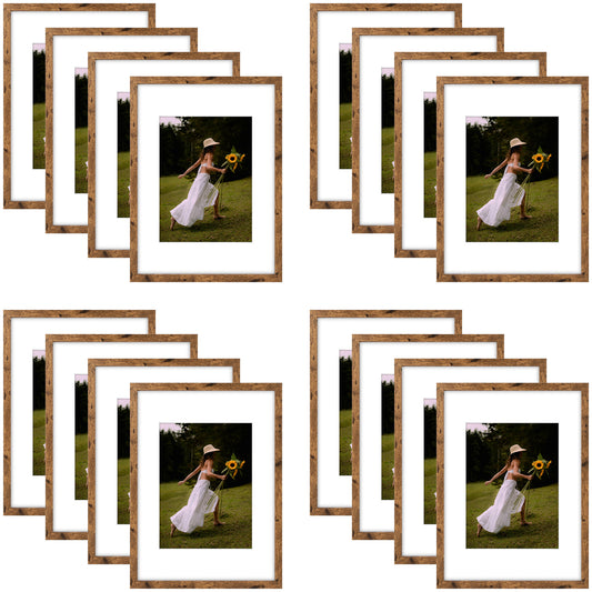 12x16 Brown Picture Frame for 8.5x11 Photo with White Mat and Plexiglass (16 Pcs per Box)