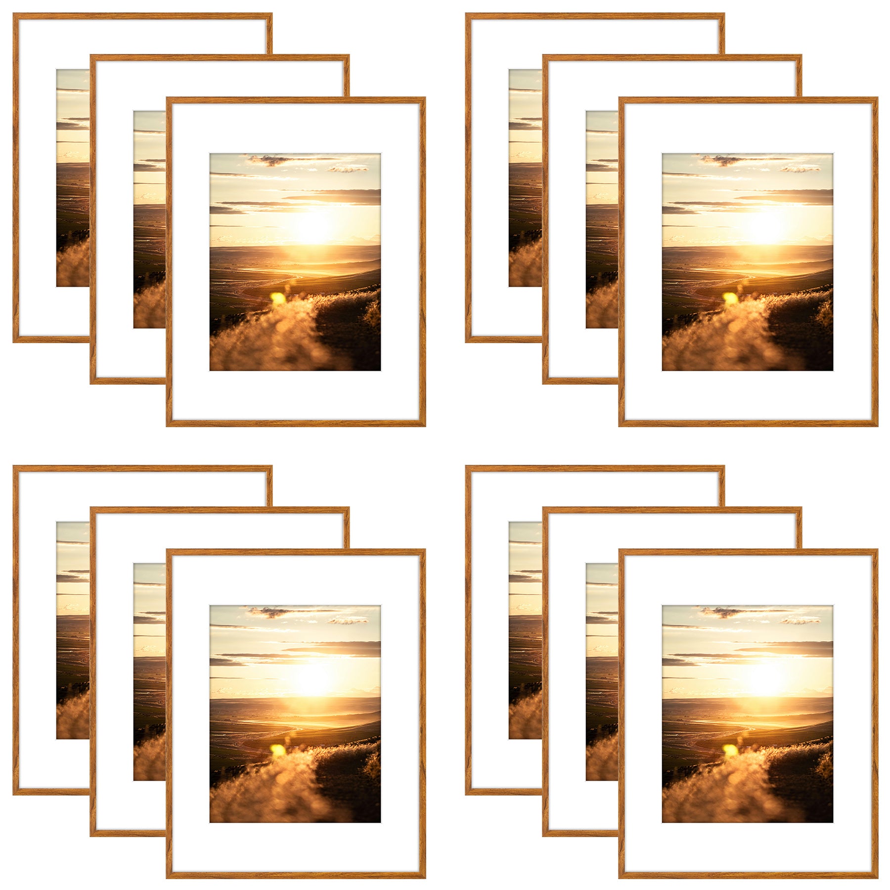Clearance 11x14 Aluminum Picture Frames with White Mat for 8x10 Photo (12 Pcs Per Box) Oak